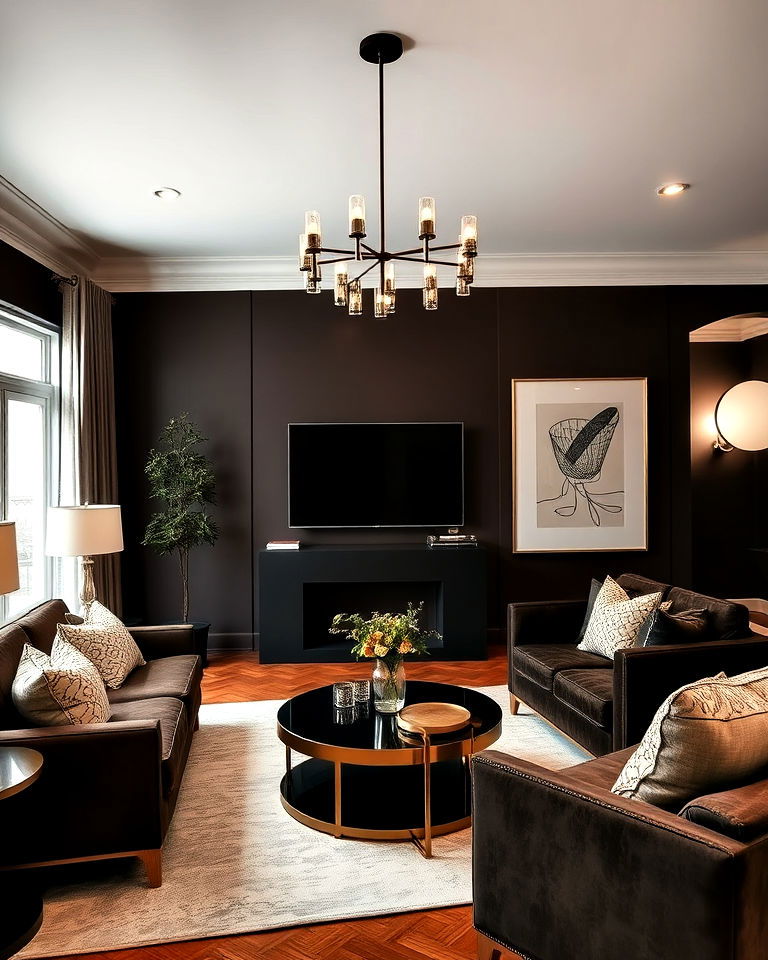 espresso brown living room with metallic accents for modern style
