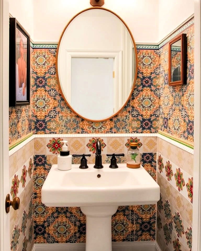 exotic half bathroom with moroccan tile backsplash