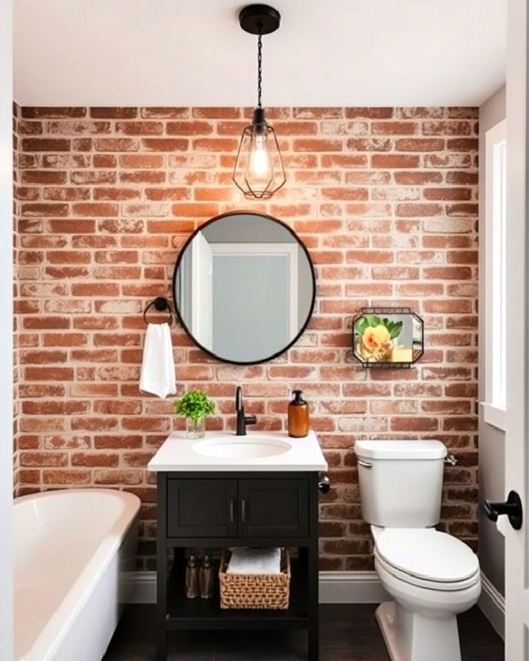 exposed brick accent wall barndominium bathroom