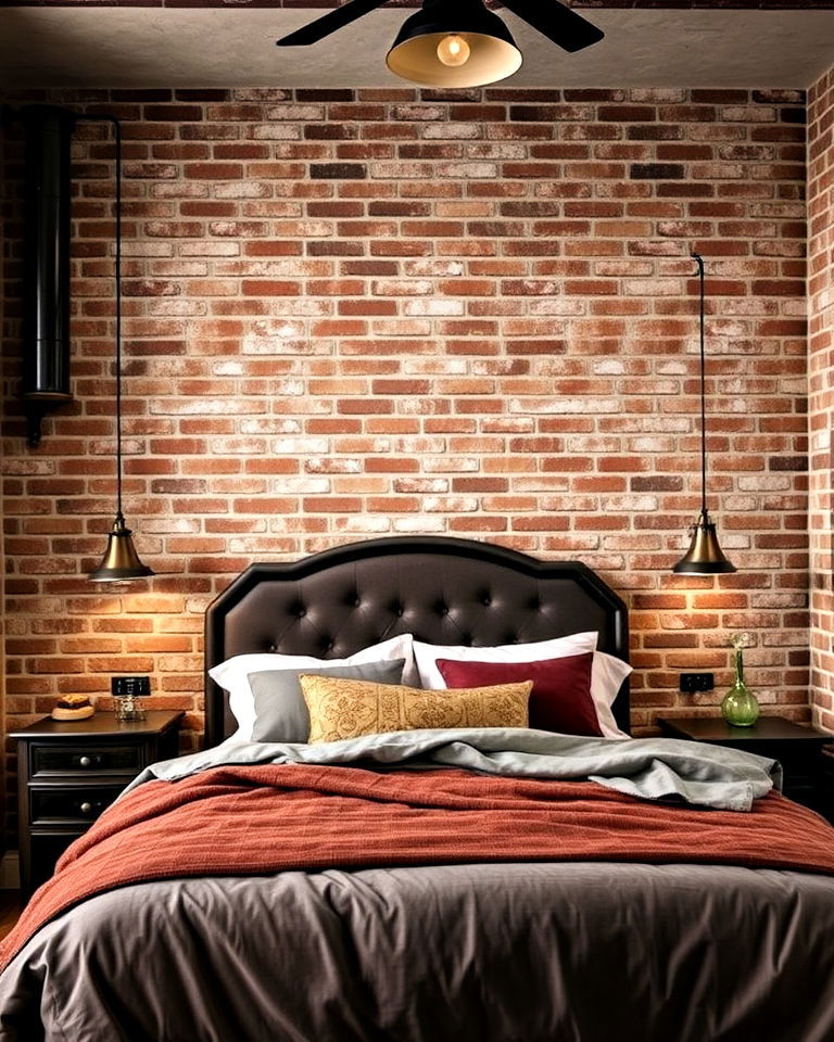 exposed brick accent wall bedroom