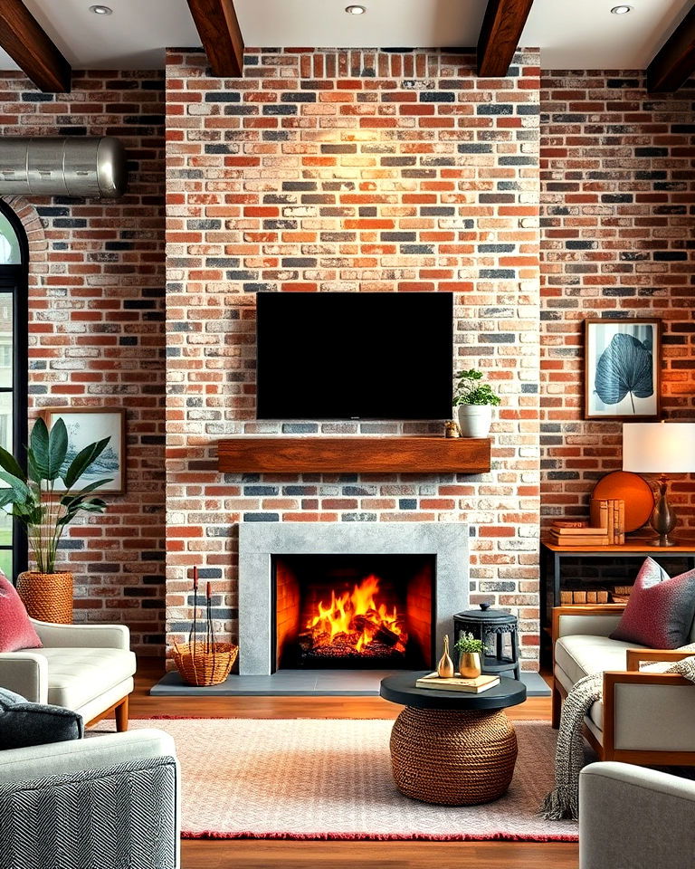 exposed brick fireplace wall