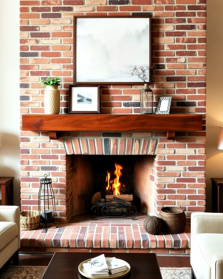 exposed brick fireplace with wood mantel