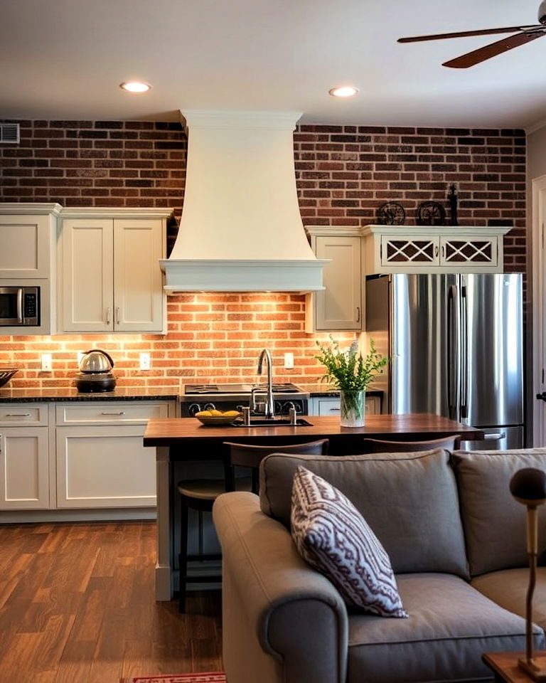exposed brick kitchen backsplash