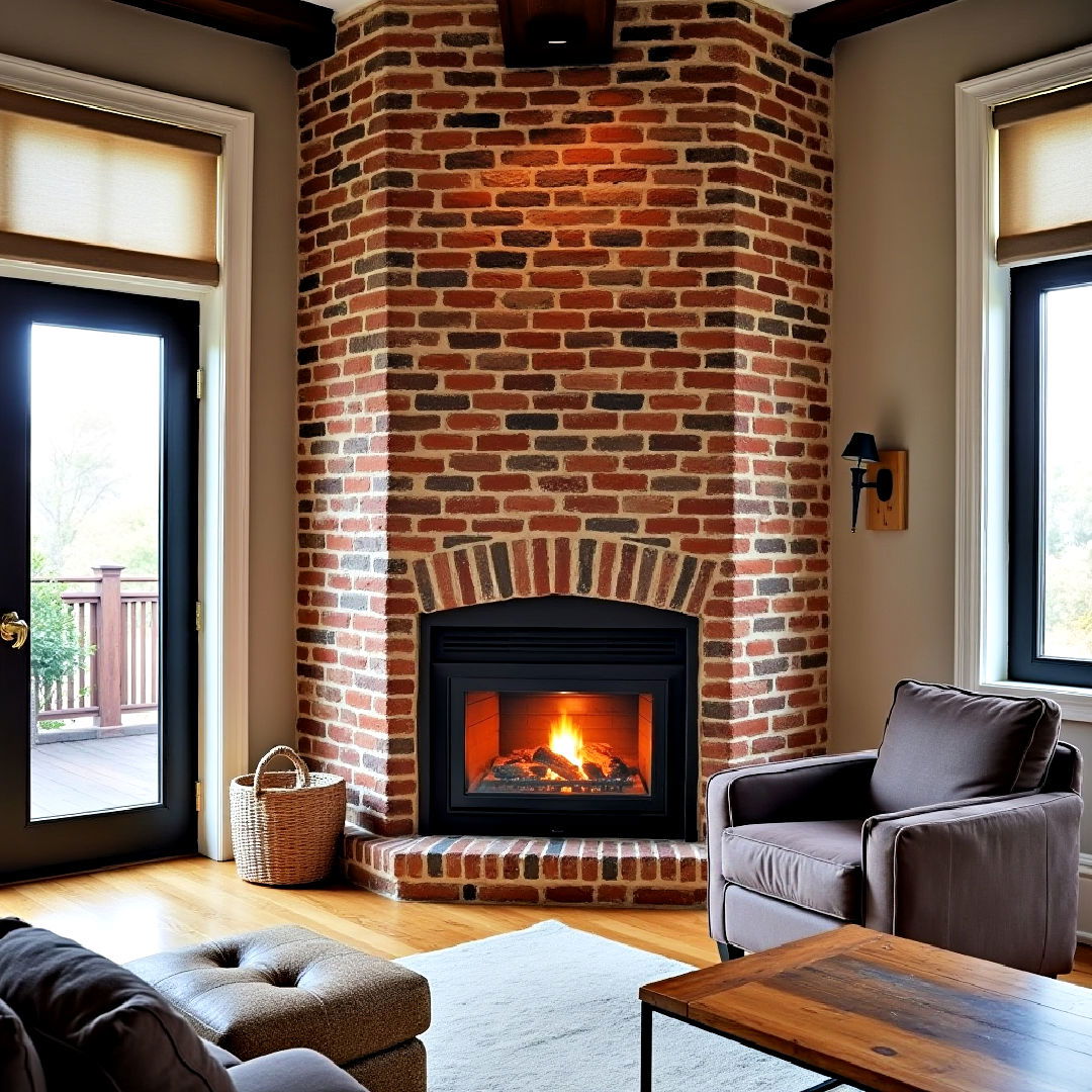 exposed brick surround corner gas fireplace design