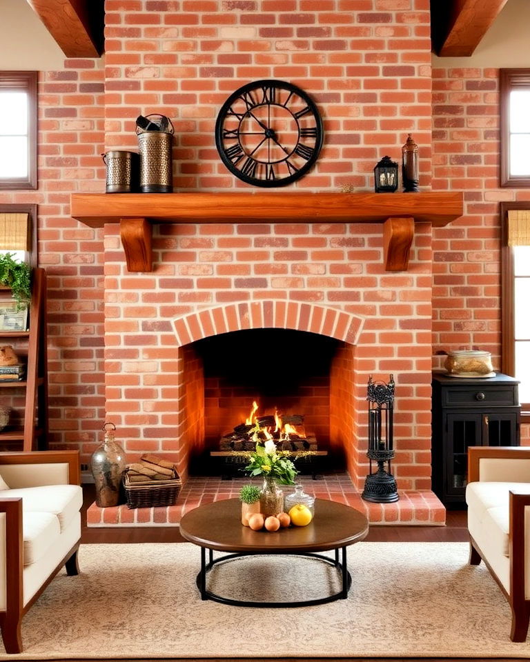 exposed brick with wooden mantel living room