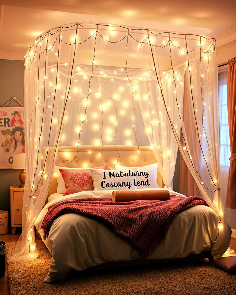 fairy light canopy draped over bed