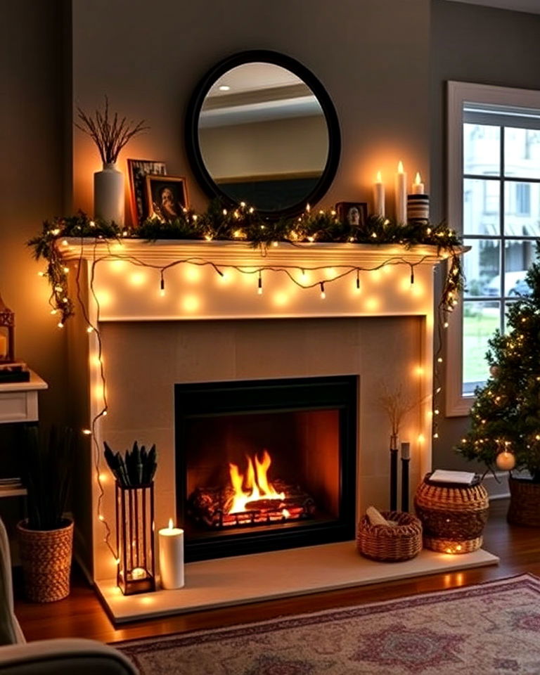 fairy lights draped around the mantel