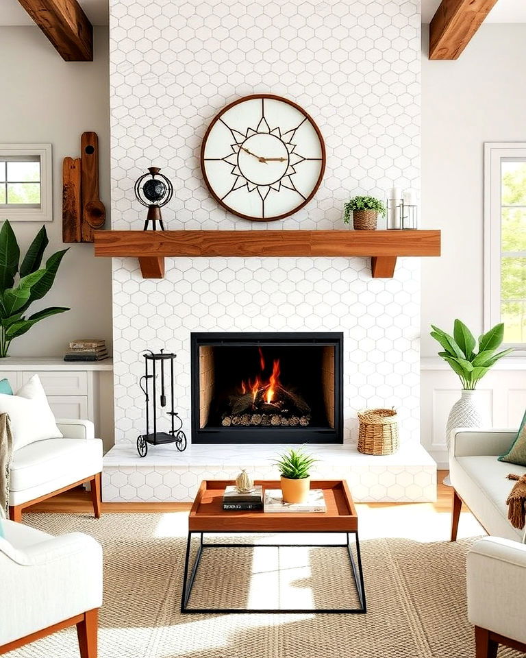 farmhouse carrara marble hexagon tile fireplace