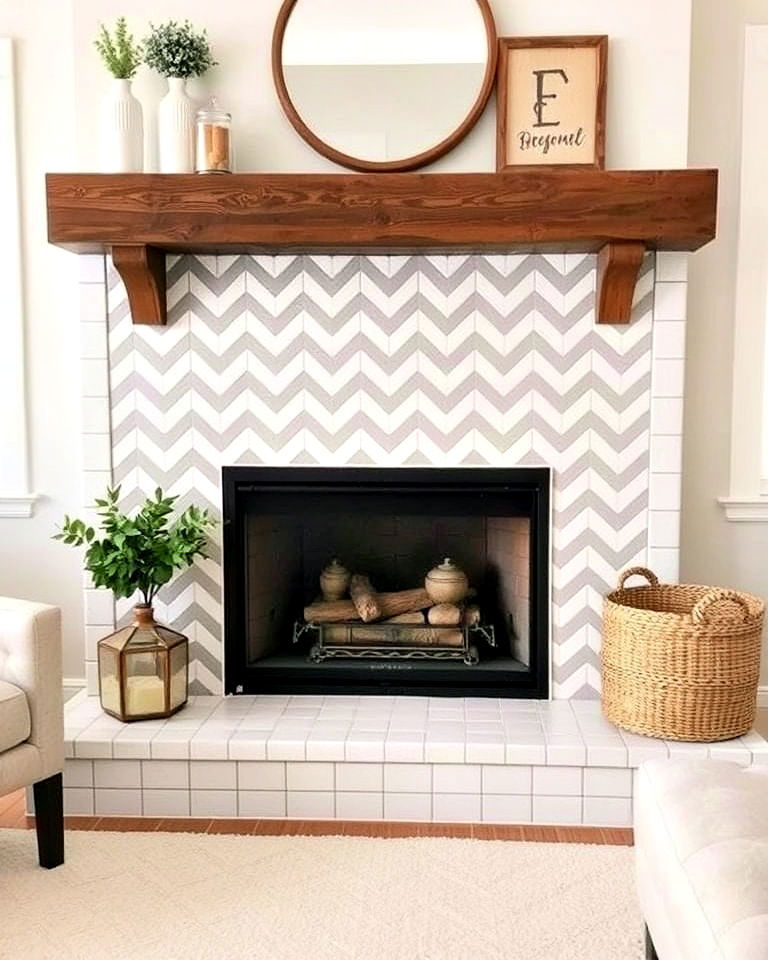 farmhouse chevron patterned tile fireplace