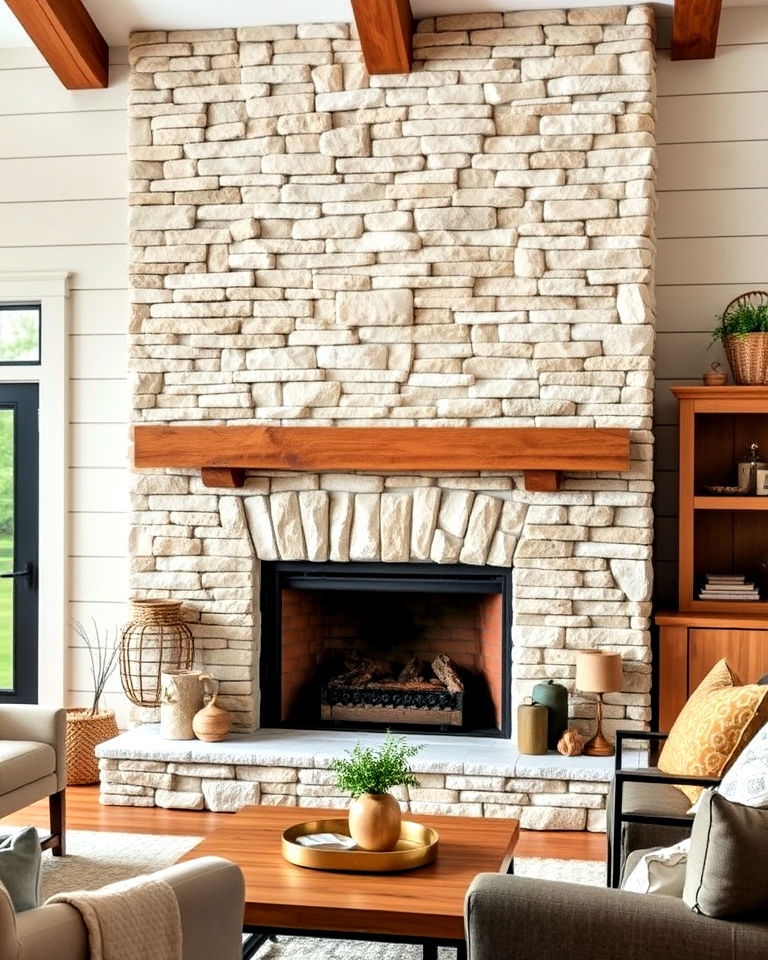 farmhouse chic stacked stone fireplace