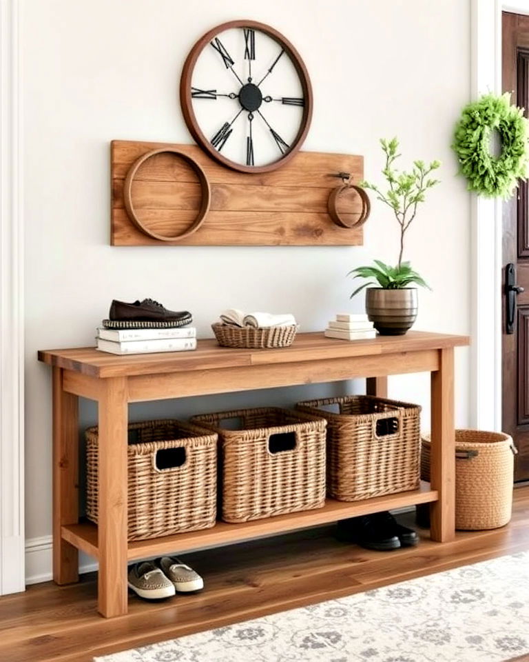 farmhouse console table with storage baskets