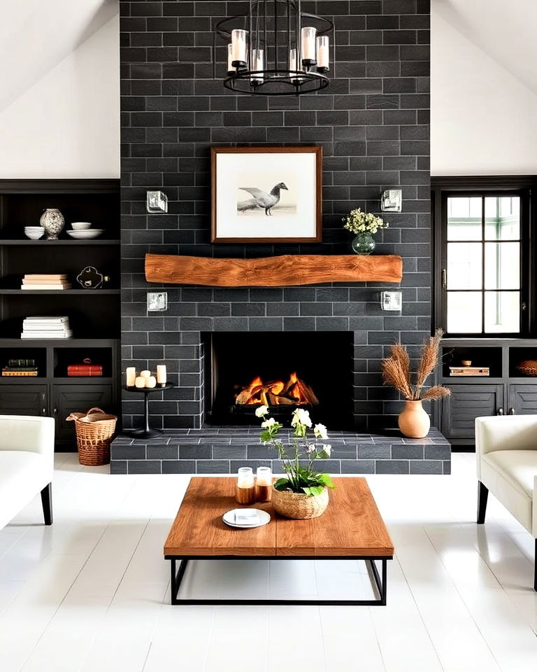 farmhouse dark grey tile fireplace