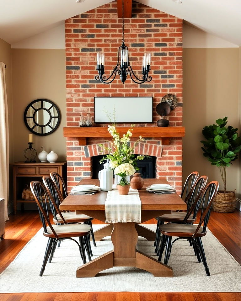 farmhouse dining room with brick fireplace