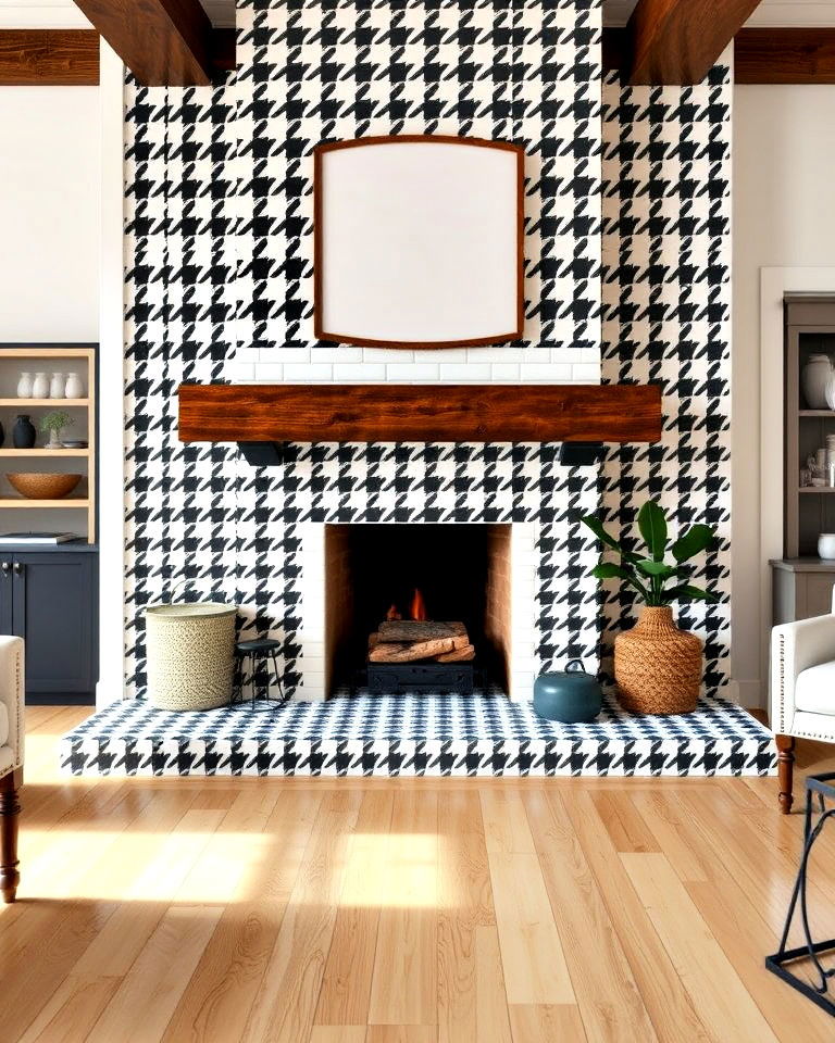 farmhouse houndstooth patterned tile fireplace