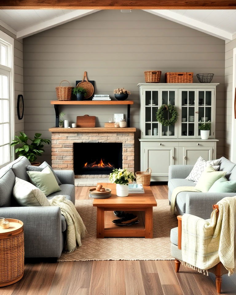 farmhouse inspired cozy green and grey living room