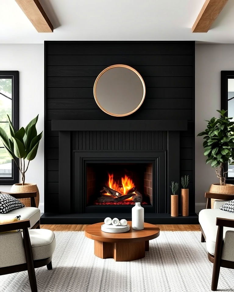 farmhouse inspired shiplap black fireplace