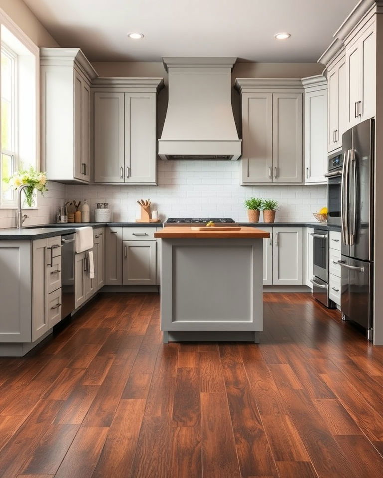 farmhouse kitchen with dark floors