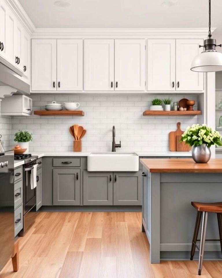 farmhouse kitchen with gray and white cabinets