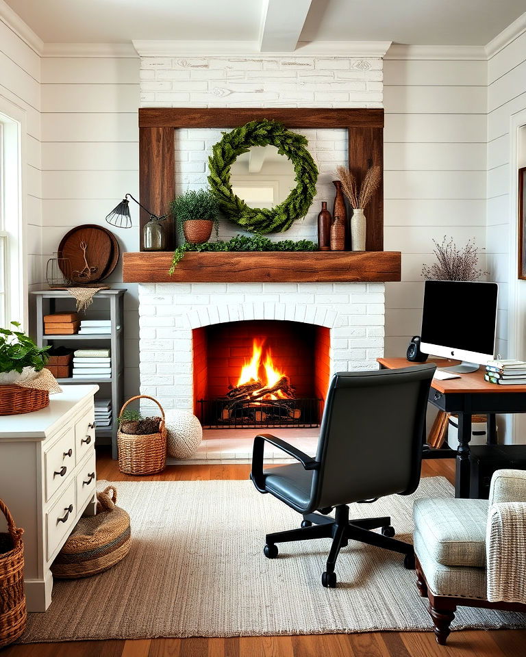 farmhouse office with shiplap and fireplace