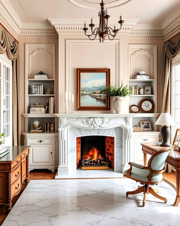 french country office with marble fireplace