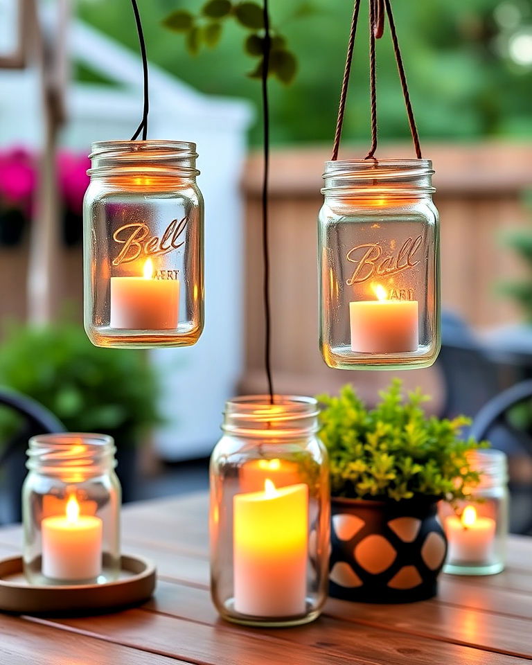 farmhouse patio decor with mason jar candle holders