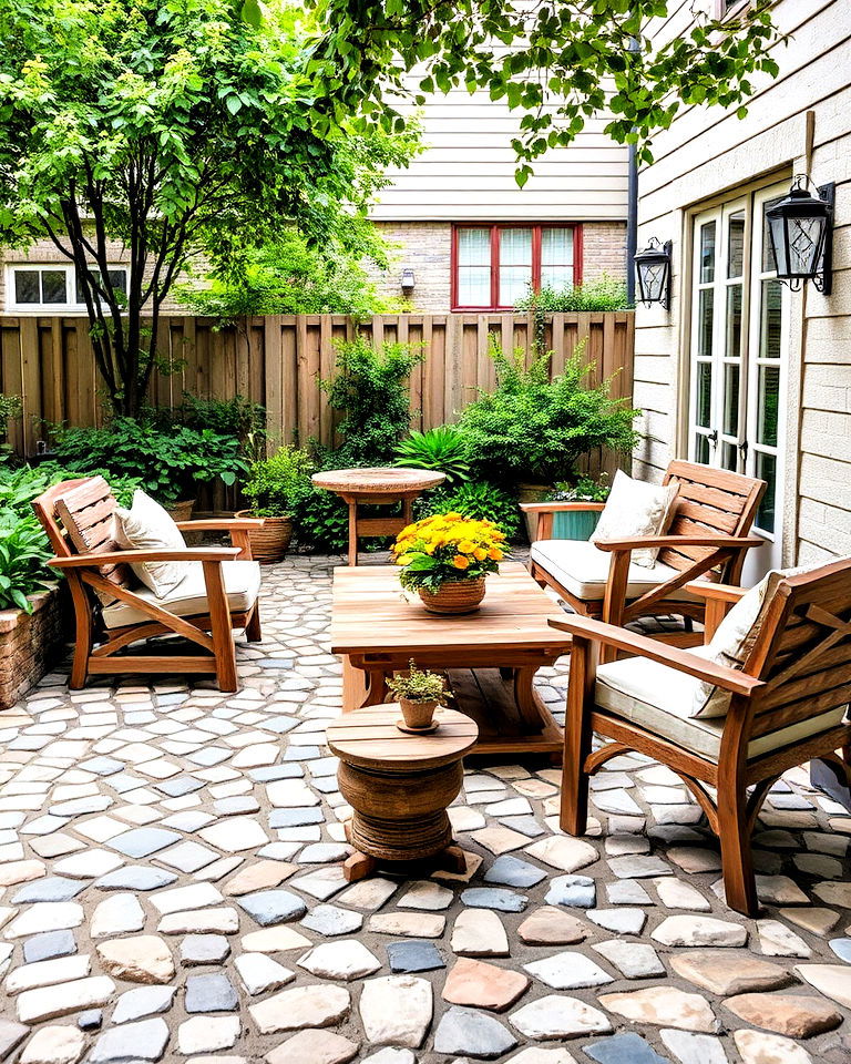 farmhouse patio with rustic cobblestone flooring