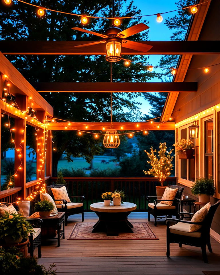 farmhouse patio with string lights decor