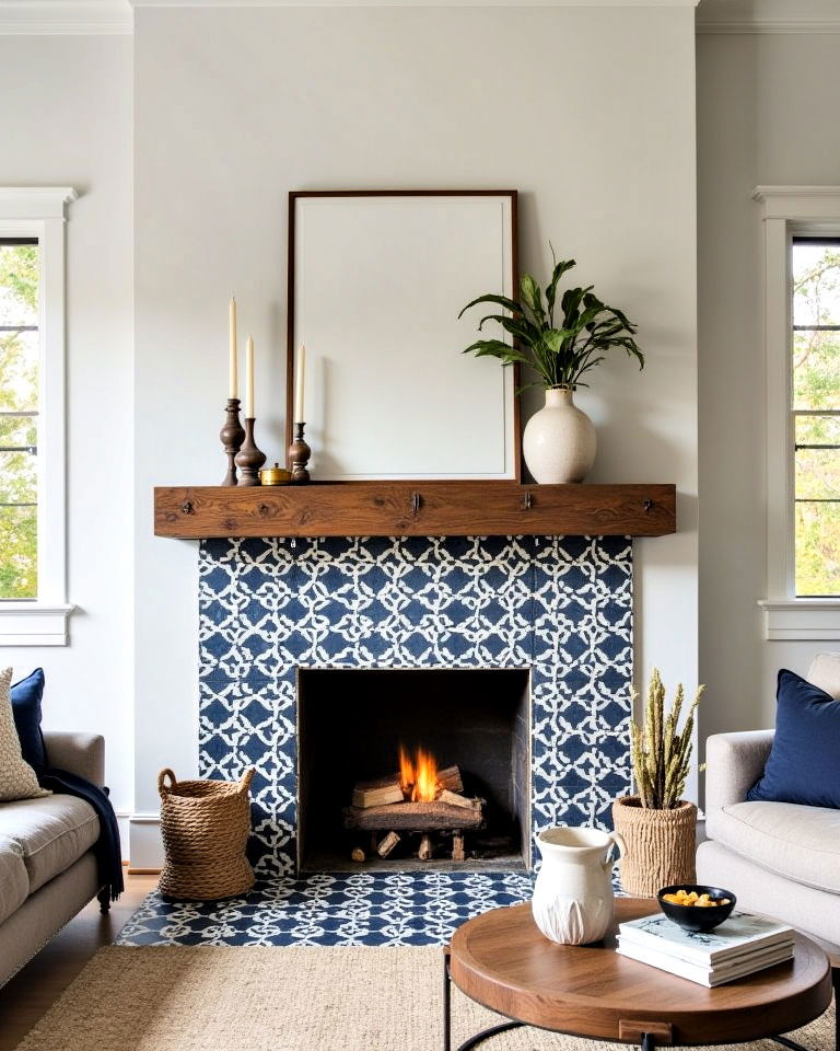 farmhouse patterned cement tiles fireplace