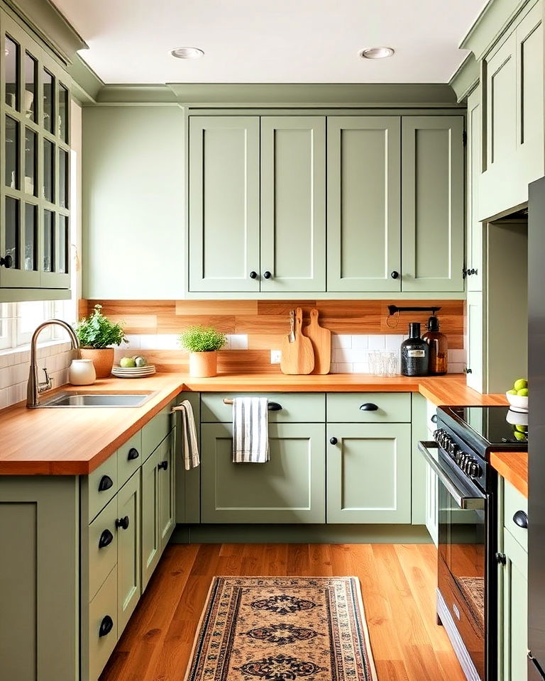 farmhouse sage green cabinets with butcher block backsplash