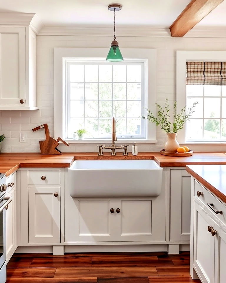 farmhouse sink in a white rustic kitchen