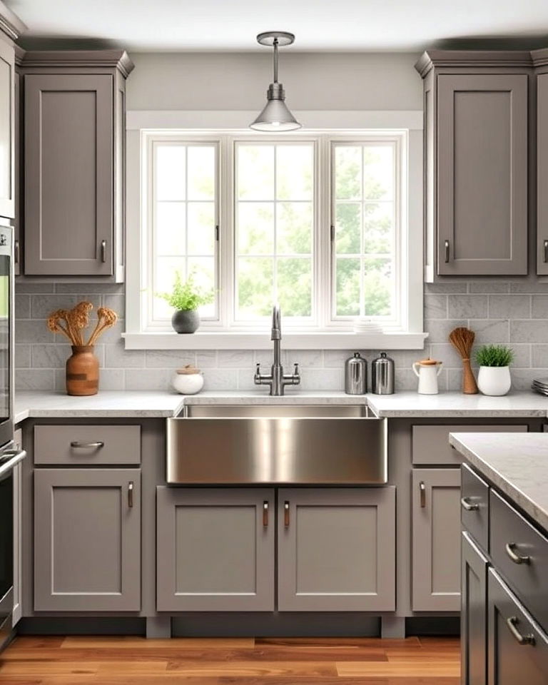 farmhouse sink with gray kitchen cabinets
