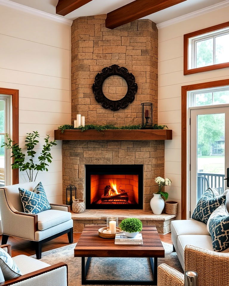 farmhouse style corner fireplace