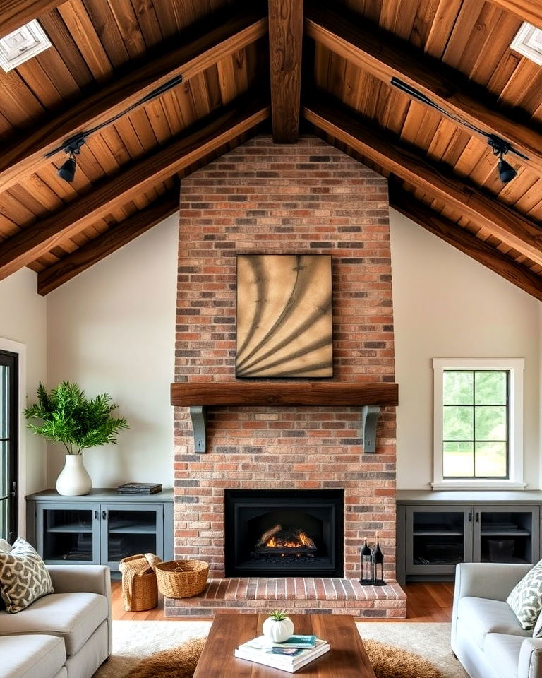 farmhouse style fireplace with exposed vaulted beams