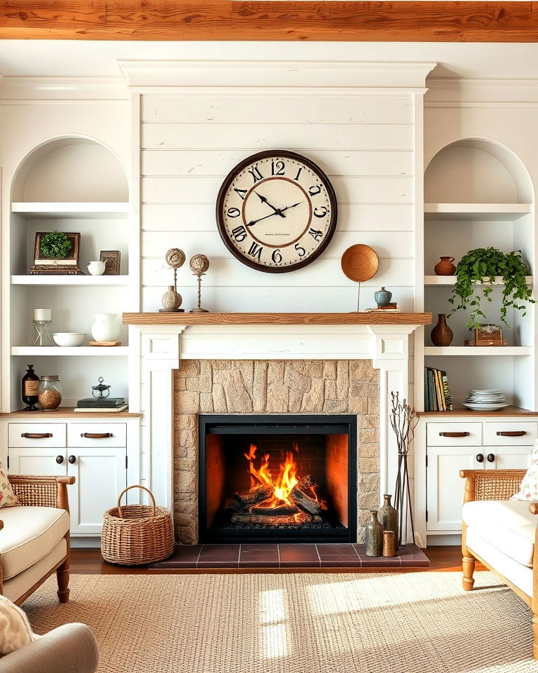 farmhouse style fireplace with whitewashed shelves