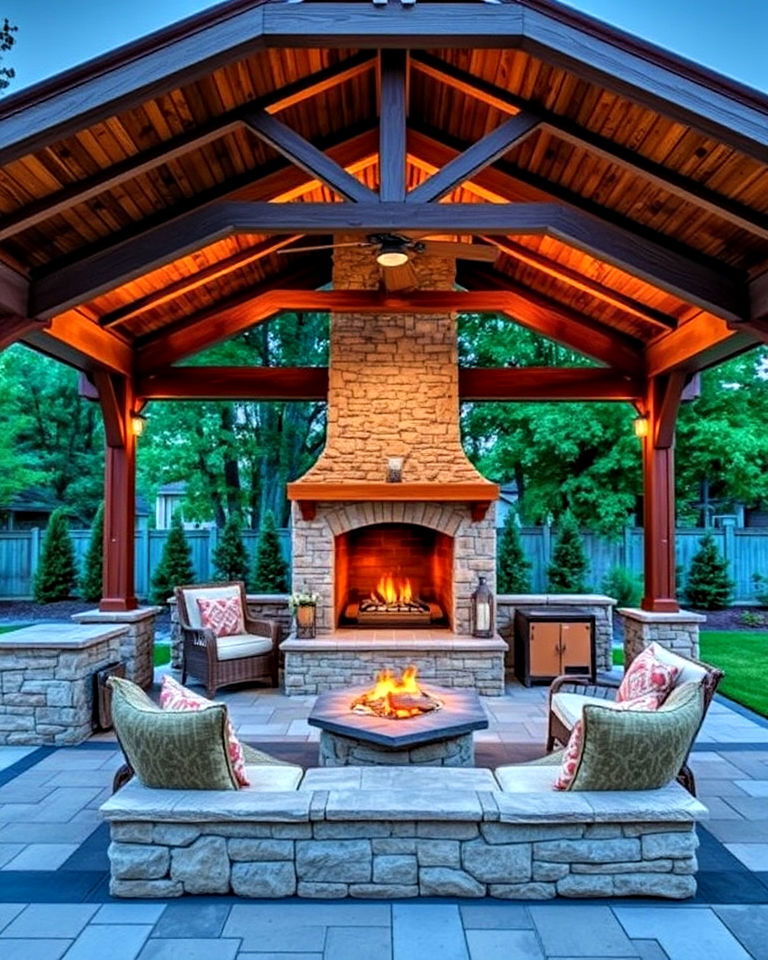 farmhouse style pavilion with stone fireplace design