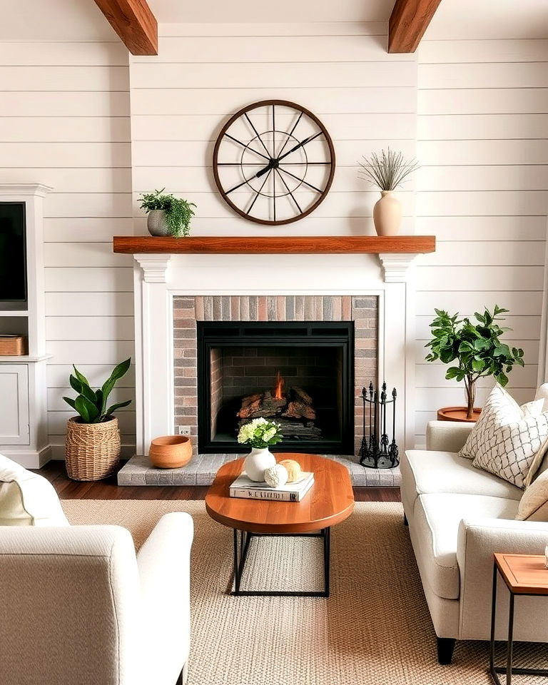 farmhouse style shiplap fireplace surround