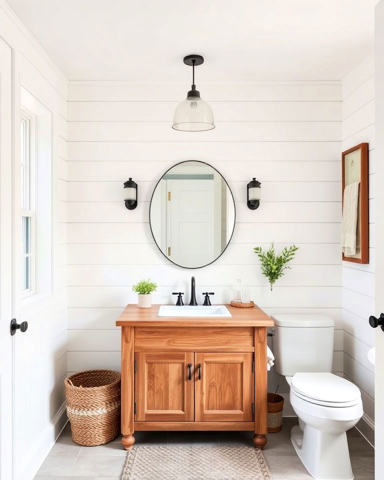 farmhouse style shiplap walls barndominium bathroom