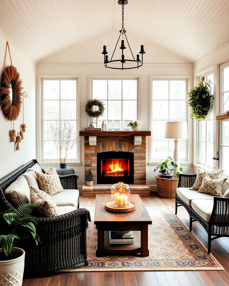 farmhouse sunroom fireplace