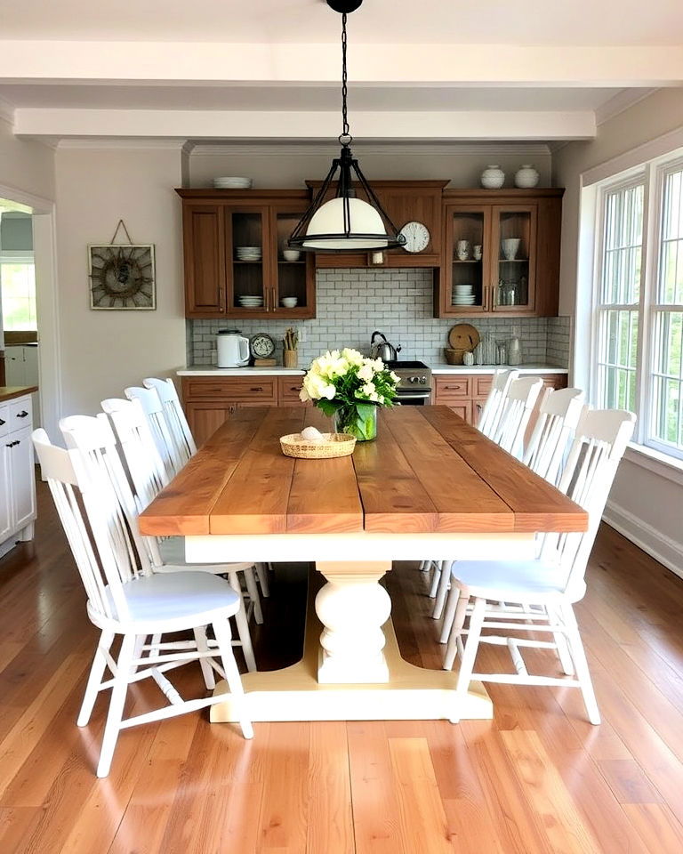 farmhouse table with white chairs
