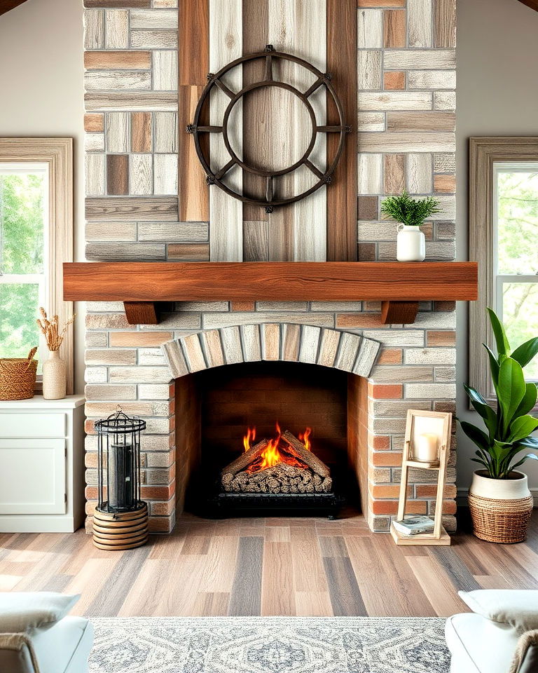 farmhouse weathered wood look tile fireplace