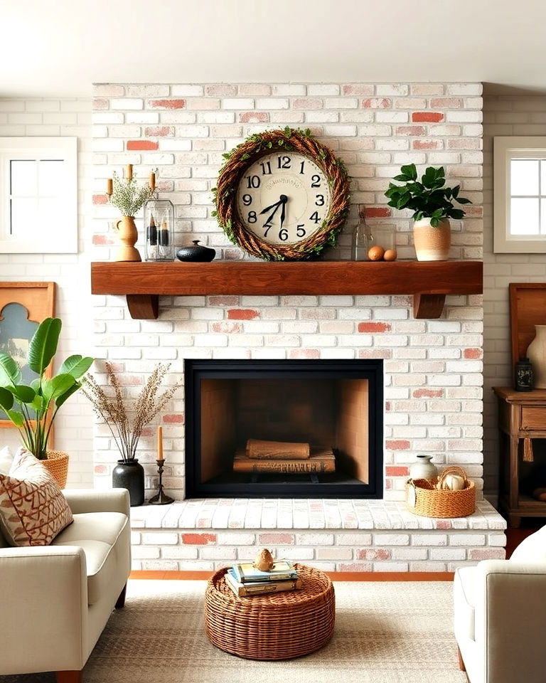 farmhouse whitewashed brick tile fireplace