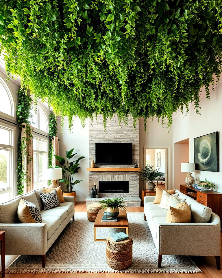 faux greenery ceiling