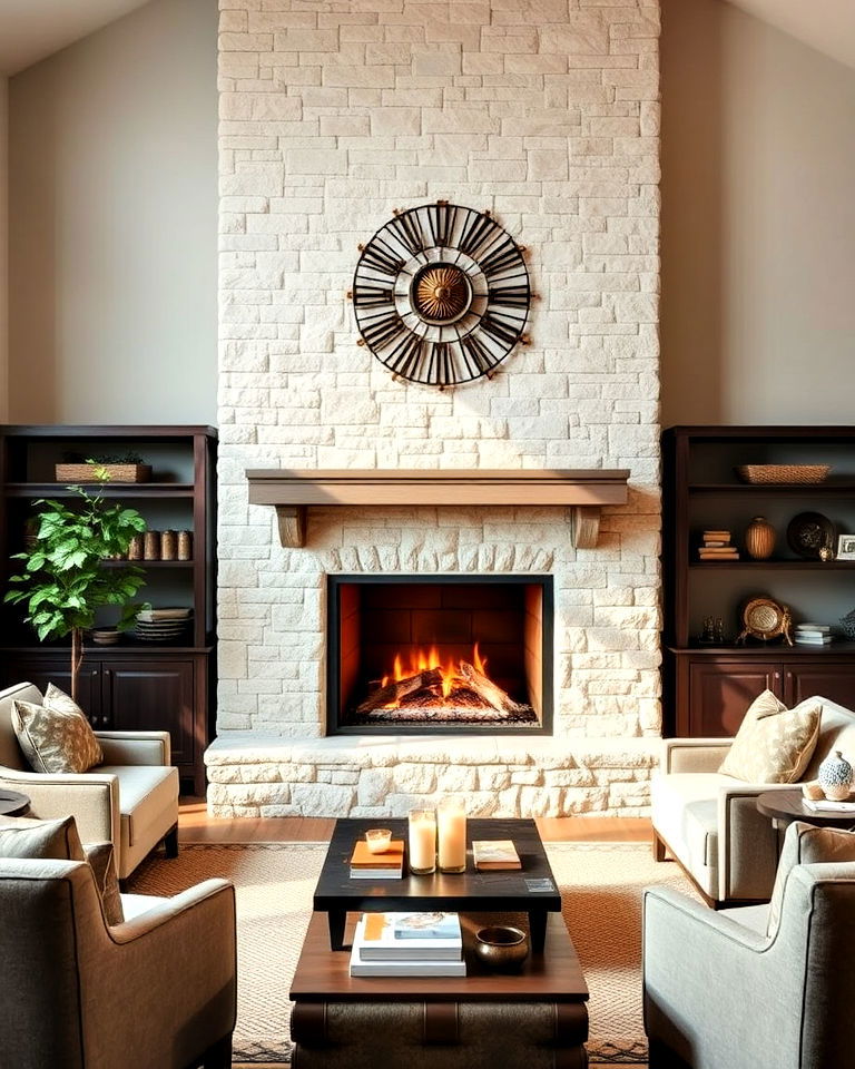 faux stone fireplace in neutral tones