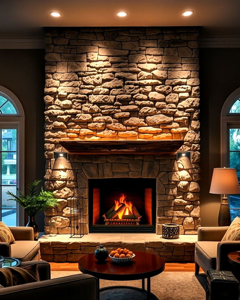 faux stone fireplace with accent lighting