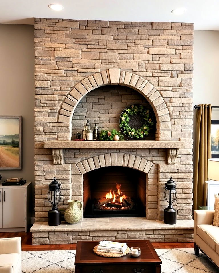 faux stone fireplace with arched opening