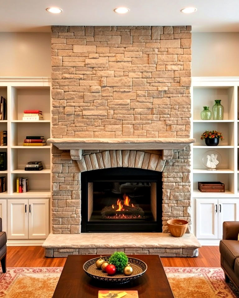 faux stone fireplace with built in shelving