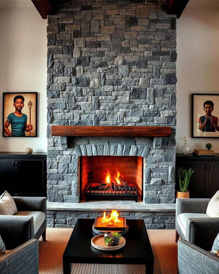 faux stone fireplace with dark grout for contrast