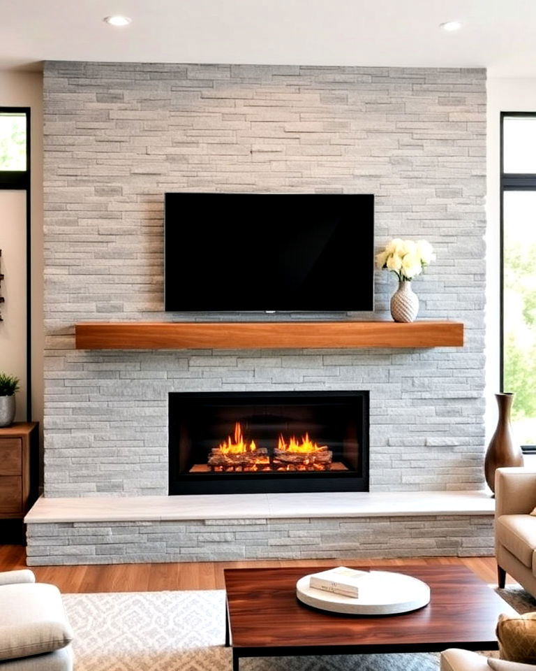 faux stone fireplace with floating mantel