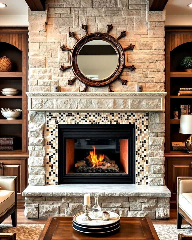 faux stone fireplace with mosaic tile accents