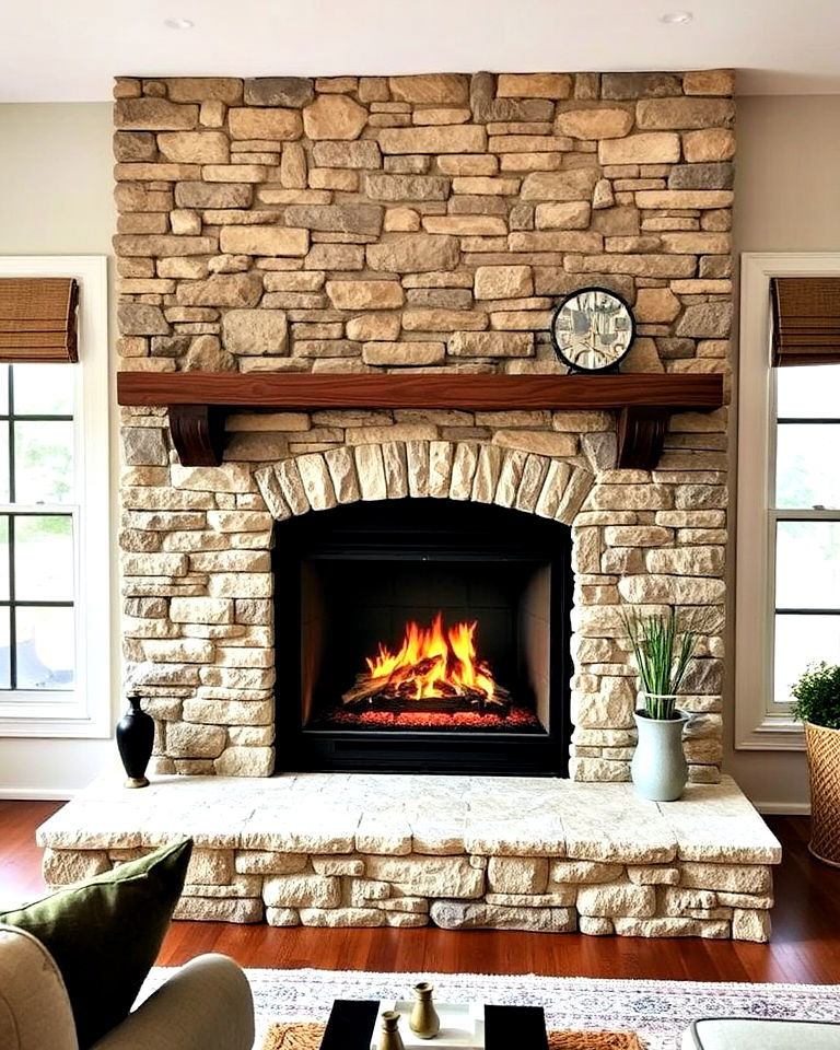 faux stone fireplace with traditional hearth